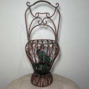 Vintage Wrought Iron Wire Urn Basket Scrollwork Tole Grape Cluster Planter Vase